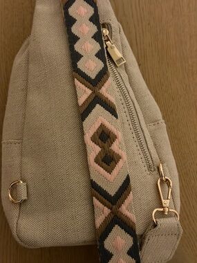 Altar'd State Beige Canvas Sling with Pink & Brown Embroidered Strap